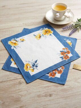 Vintage Mid Century Floral Napkins Set of 2 Blue Yellow MCM Cottagecore 16" Sq